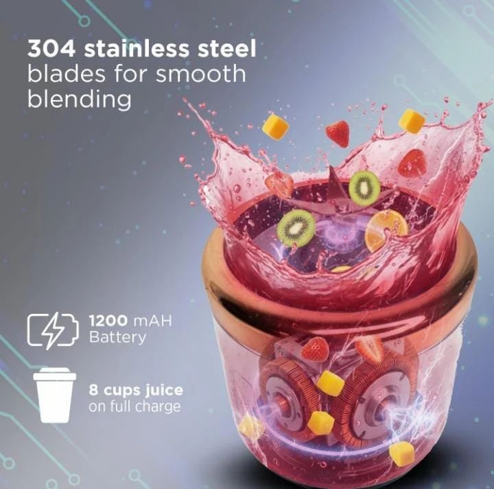 Portable Electric Usb Juice Maker Juicer Bottle Blender Grinder Mixer, Rechargeable 4 Blades