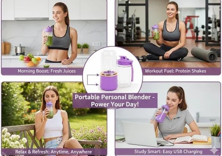 Portable Electric Usb Juice Maker Juicer Bottle Blender Grinder Mixer, Rechargeable 4 Blades
